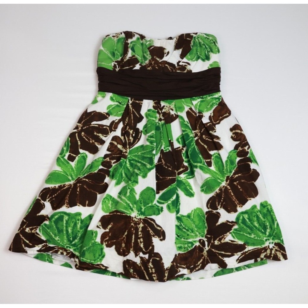 Speechless Green, White, Brown Floral Womens Strapless Dress Size 7 Y2K